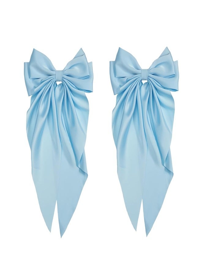 GANPUB 2Pcs Bowknot Barrette, Jumbo Silky Satin Bow Hair Clip with Long Tails for Women and Girls, Large French Metal Hair Slide Clips and Hair Accessories (Light Blue) - Image 1
